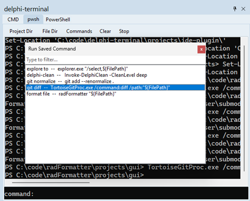 delphi-terminal saved command palete screenshot