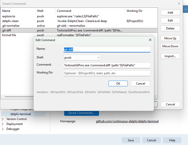 delphi-terminal saved command config screenshot